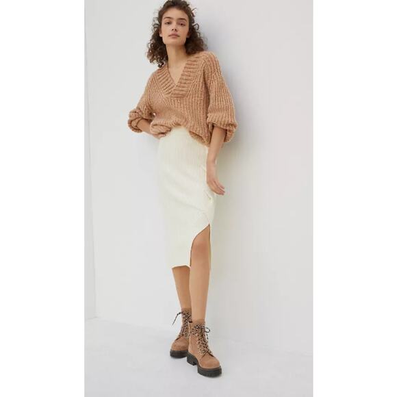 Anthropologie Maeve Desiree Knit Ribbed Stretch Midi Skirt Ivory Size Small - Picture 1 of 11